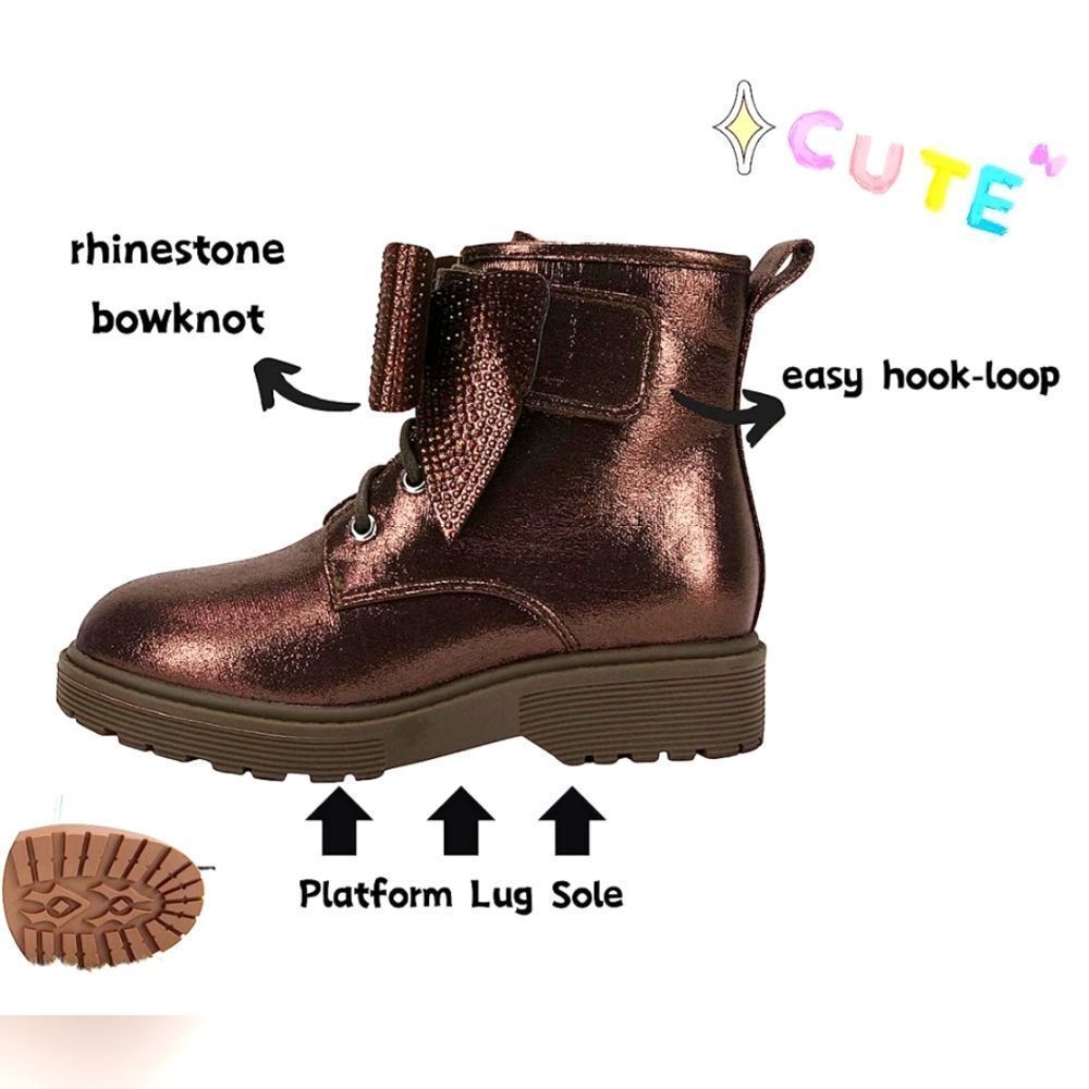 (7-4312)  ZBY Girls Glitter Ankle Boots Platform Rhinestone Bowtie Sz 4